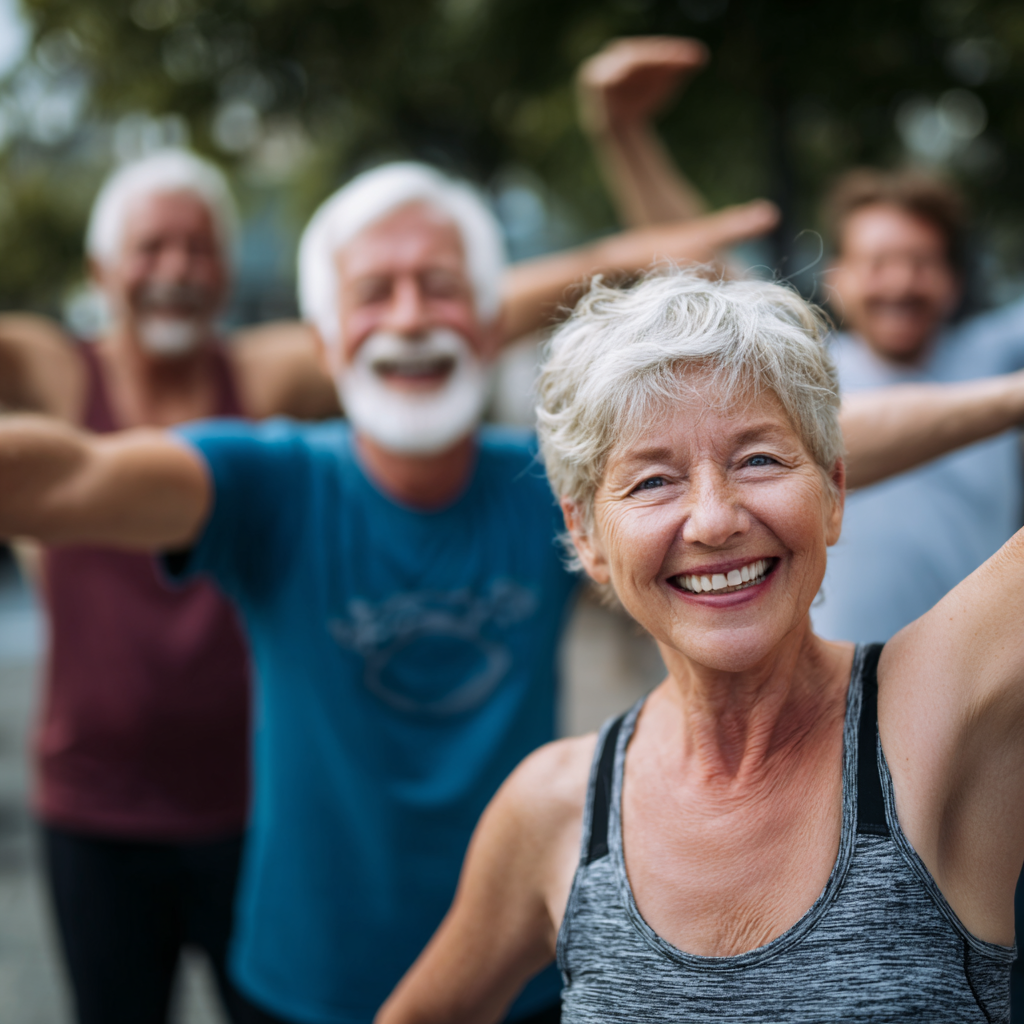 Középkorú magyar nő és férfi izomtónus edzésen, koncentráltan végzik a gyakorlatokat a természetes fényben